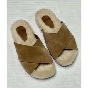 MARC FISHER Canna Shearling Slide Criss Cross Sandal Tan, Sz 7